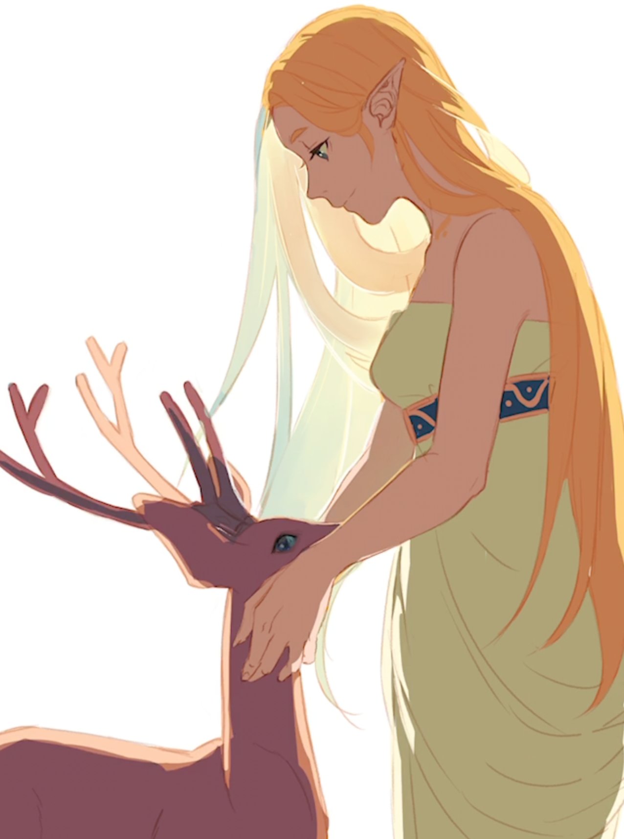1girl antlers bare_shoulders blonde_hair breasts cowboy_shot deer dress eorinamo green_eyes hair_behind_ear highres long_hair looking_at_another medium_breasts parted_bangs pointy_ears princess_zelda profile smile solo strapless strapless_dress the_legend_of_zelda the_legend_of_zelda:_breath_of_the_wild white_background white_dress
