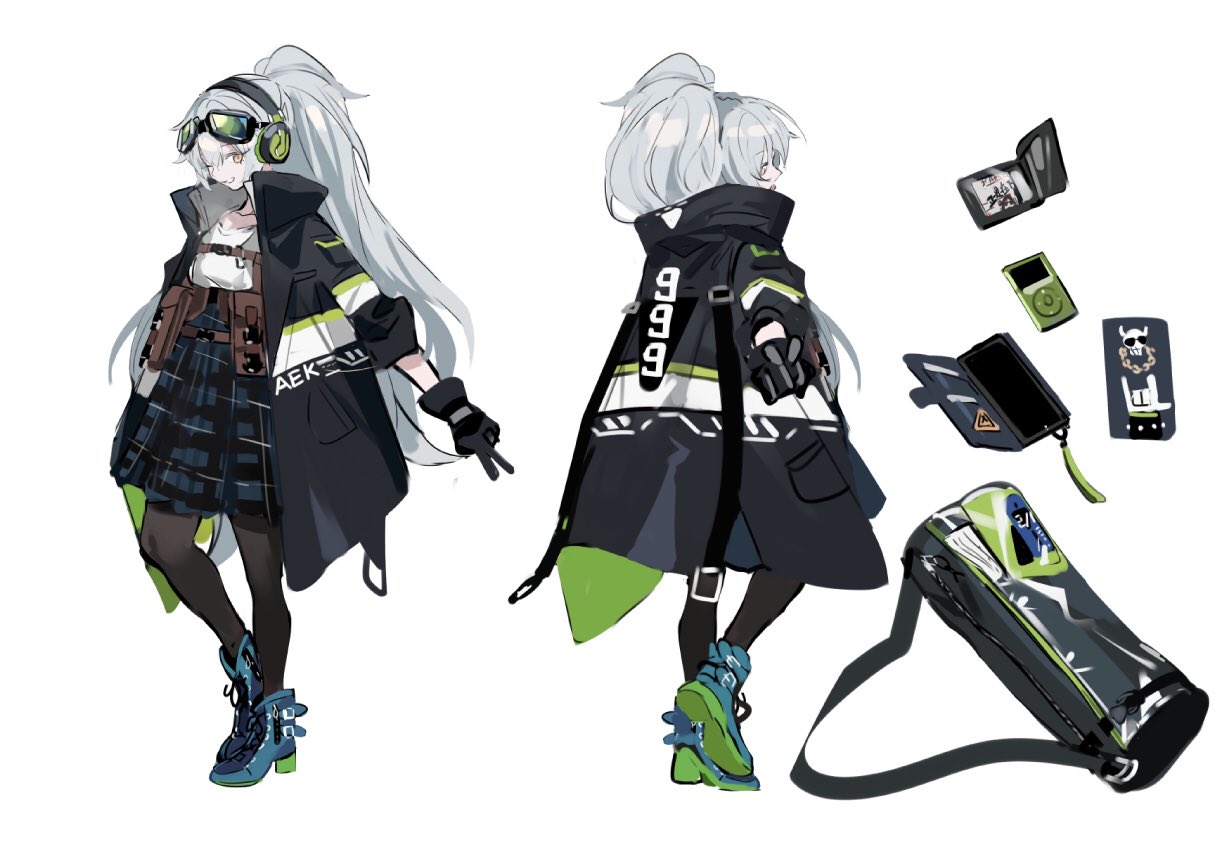 1girl \m/ aek-999_(girls'_frontline) bag black_coat black_gloves black_pantyhose blue_dress blue_footwear cellphone character_name clothes_writing coat colored_shoe_soles commentary_request digital_media_player dress duffel_bag full_body girls_frontline gloves goggles goggles_on_head green_coat grey_hair high_heel_sneakers ipod ipod_nano long_hair looking_at_viewer multiple_views official_art one_eye_closed pantyhose phone plaid plaid_dress pouch ran_(bukeranwu) reference_sheet shirt simple_background smartphone smartphone_case standing two-sided_coat v very_long_hair wallet white_background white_shirt yellow_eyes