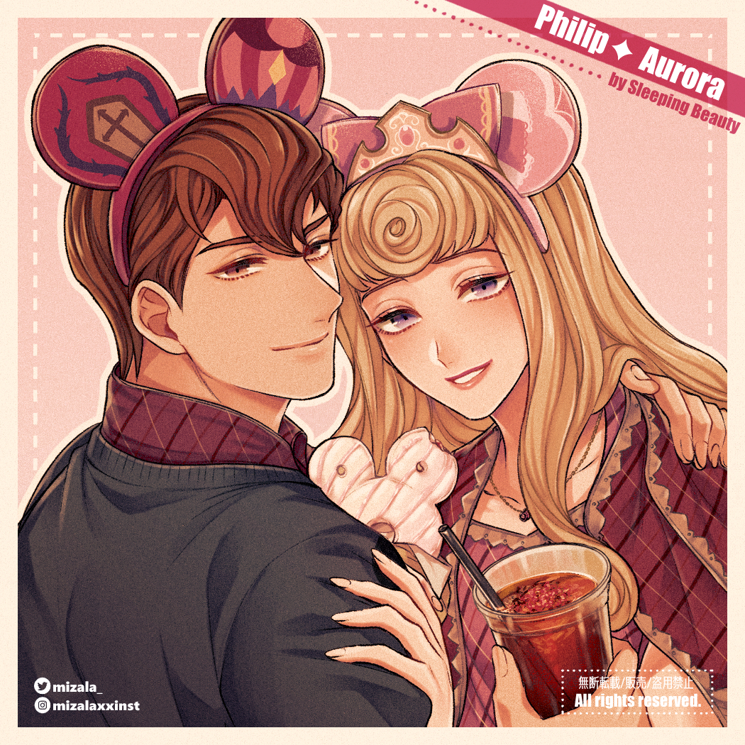 1boy 1girl aurora_(disney) blonde_hair bow brown_eyes character_name copyright_name crown cup disposable_cup doughnut drink drinking_straw food hair_bow hand_on_another's_arm hetero holding holding_cup holding_drink instagram_username lipstick long_hair looking_at_viewer makeup mickey_mouse_ears mizala pink_background pink_bow prince_philip simple_background sleeping_beauty smile twitter_username upper_body watermark