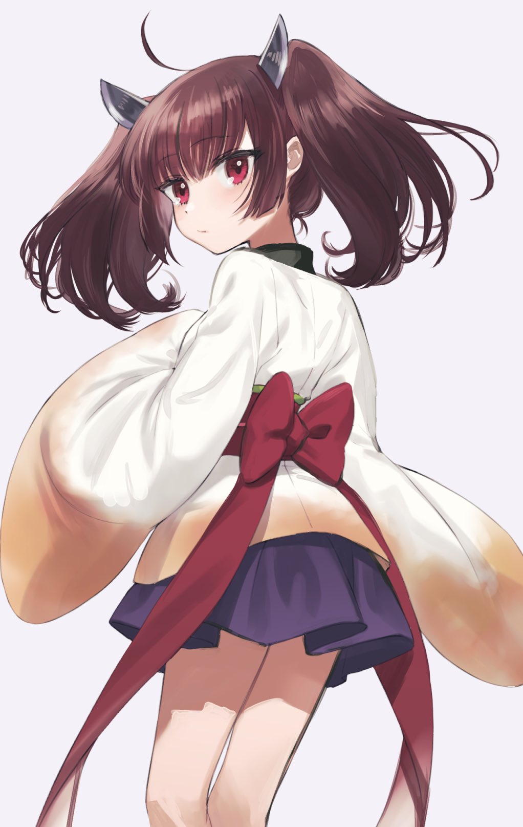 1girl ahoge blade bow brown_hair closed_mouth commentary_request expressionless feet_out_of_frame floating_hair from_behind hand_on_own_chest headgear highres japanese_clothes kimono long_sleeves looking_at_viewer looking_back medium_hair miniskirt obi obijime purple_skirt red_bow red_eyes sash short_kimono simple_background skirt solo touhoku_kiritan twintails voiceroid waist_bow white_background white_kimono wide_sleeves yoshino_ns