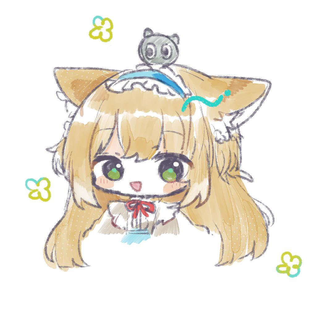 animal_ears arknights black_cat blonde_hair blue_hairband blush_stickers cardigan cat chibi commentary fox_ears fox_girl frilled_hairband frills green_eyes hair_ornament hairband heixiu long_hair mom2 neck_ribbon official_alternate_costume on_head open_cardigan open_clothes open_mouth portrait red_ribbon ribbon sidelocks simple_background suzuran_(arknights) suzuran_(spring_praise)_(arknights) the_legend_of_luo_xiaohei triangle_mouth white_background yellow_cardigan