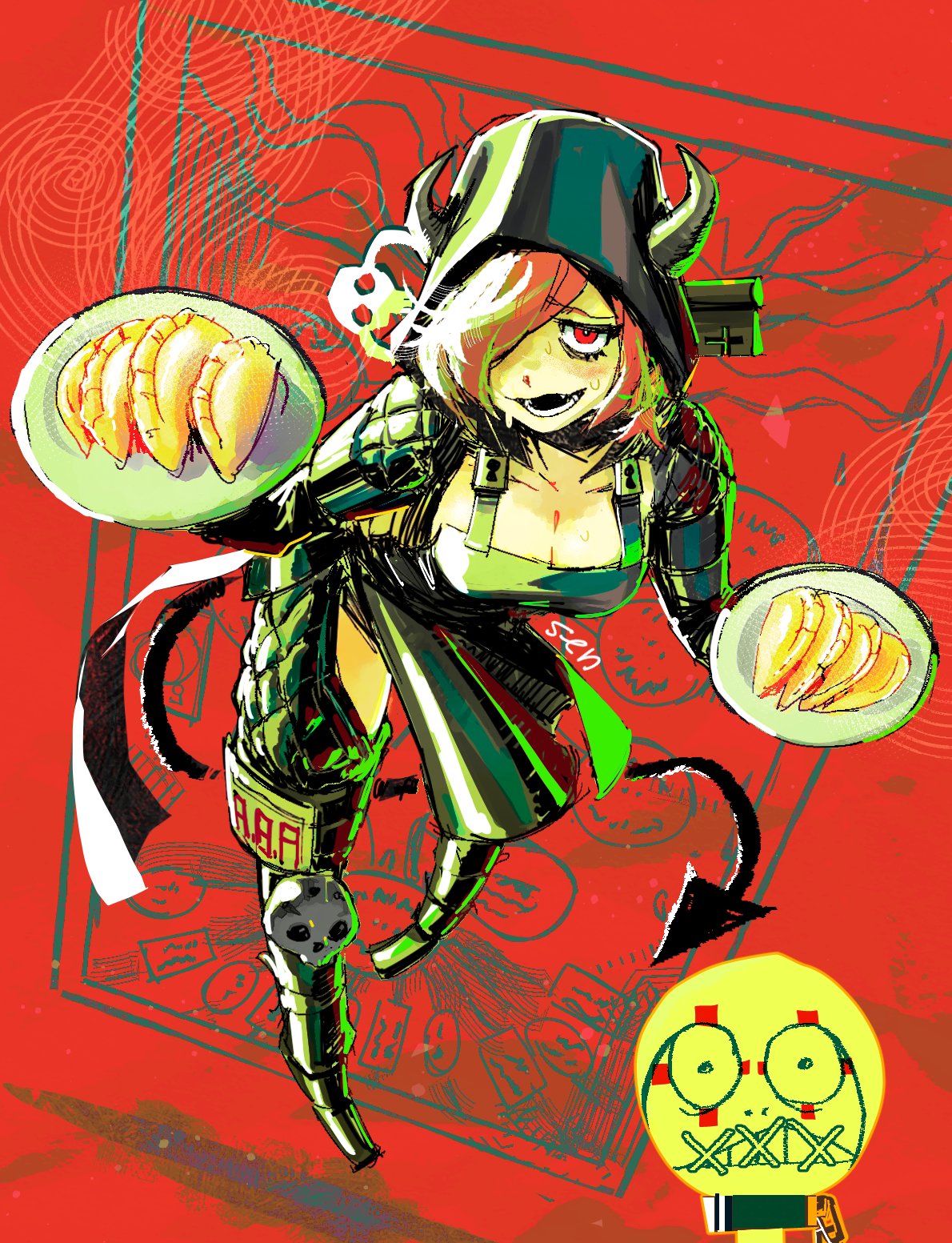 1girl 4th_chaos_emerald a.b.a apron bags_under_eyes black_apron black_horns black_tail breasts cosplay demon_girl demon_horns demon_tail dorohedoro dumpling food guilty_gear guilty_gear_xx hair_over_one_eye highres homunculus horns horns_through_headwear jiaozi key key_in_head large_breasts long_sleeves looking_at_viewer medium_hair nikaidou_(dorohedoro) nikaidou_(dorohedoro)_(cosplay) object_through_head open_mouth paracelsus plate red_background red_eyes redhead stitched_mouth stitches tail wide_sleeves
