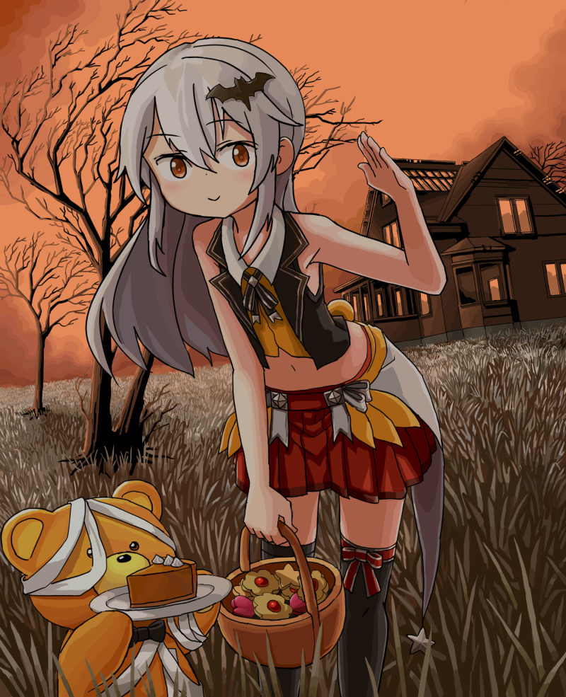 1girl 1other ankimo_(tokino_sora) bat_hair_ornament black_vest brown_eyes brown_sky commentary cookie english_commentary flat_chest food grey_hair hair_between_eyes hair_ornament halloween_bucket hololive house leaning_forward long_hair midriff miniskirt navel official_alternate_costume official_alternate_hair_color pie red_skirt sixten skirt smile stuffed_animal stuffed_toy tall_grass teddy_bear thigh-highs tokino_sora tree vest