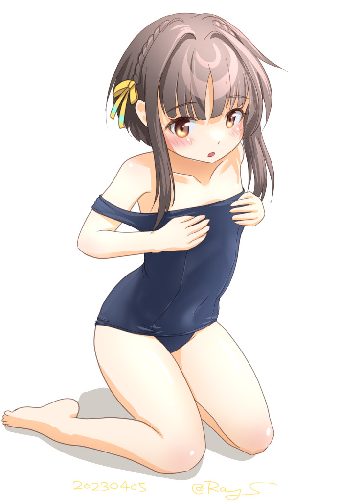1girl black_hair blue_one-piece_swimsuit brown_eyes clothes_pull flat_chest hands_on_own_chest kantai_collection kneeling one-hour_drawing_challenge one-piece_swimsuit one-piece_swimsuit_pull ray.s school_swimsuit short_hair short_hair_with_long_locks simple_background solo swimsuit ukuru_(kancolle) white_background