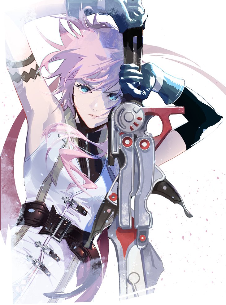 1girl aqua_eyes armband armpits black_gloves breasts cofffee elbow_gloves fighting_stance final_fantasy final_fantasy_xiii gloves gunblade hair_between_eyes hair_over_shoulder holding holding_weapon lightning_farron looking_at_viewer medium_breasts medium_hair pink_hair single_elbow_glove sleeveless sleeveless_jacket solo upper_body vest wavy_hair weapon white_bag white_vest