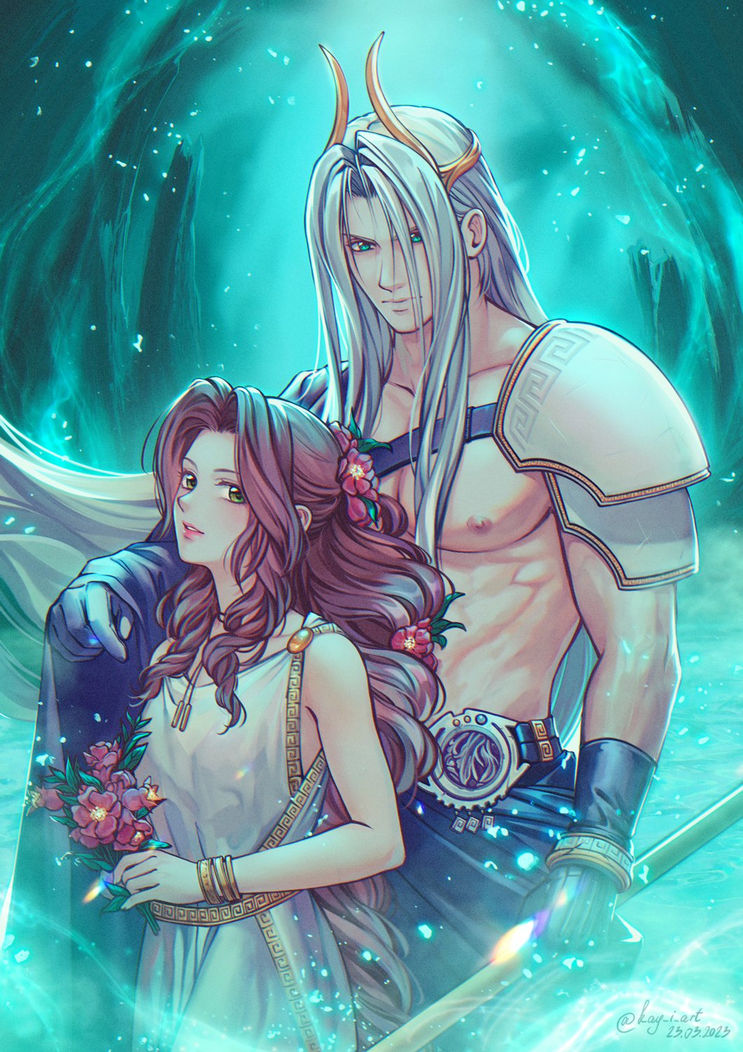1boy 1girl aerith_gainsborough alternate_costume aqua_eyes armor bare_shoulders black_gloves breasts cowgirl_position dated dress elena_ivlyushkina final_fantasy final_fantasy_vii final_fantasy_vii_remake flower gloves gold_bracelet gold_horns green_eyes hades_(mythology) hair_flower hair_ornament highres holding holding_flower holding_weapon husband_and_wife lifestream long_bangs long_hair looking_at_viewer medium_breasts parted_bangs parted_lips pectorals persephone_(mythology) ponytail sephiroth shoulder_armor sidelocks straddling straight_hair twitter_username wavy_hair weapon white_dress