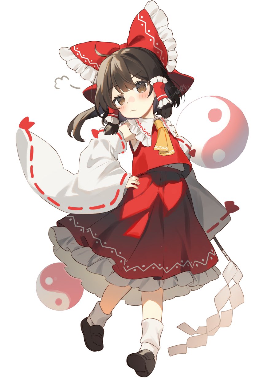 ascot blush bobby_socks bow brown_eyes brown_footwear brown_hair closed_mouth contrapposto detached_sleeves frilled_bow frilled_hair_tubes frilled_shirt_collar frills full_body gohei hair_bow hair_tubes hakurei_reimu highres jill_07km looking_at_viewer medium_hair red_bow red_skirt red_vest ribbon-trimmed_sleeves ribbon_trim shirt skirt skirt_set sleeveless sleeveless_shirt socks touhou vest white_background wide_sleeves yellow_ascot yin_yang