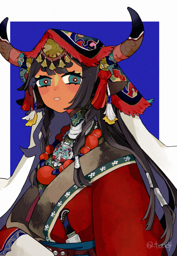 1girl animal_ears artist_name bead_necklace beads black_hair black_horns blue_background blue_eyes braid bright_pupils brown_eyes coat colored_inner_hair cow_ears cow_girl dagger headdress horn_ornament horns jewelry knife long_hair long_sleeves looking_at_viewer multicolored_hair necklace original parted_lips purple_hair red_coat sheath sheathed short_eyebrows simple_background solo tassel traditional_clothes twin_braids twitter_username upper_body very_long_hair weapon white_pupils yotsu_kado