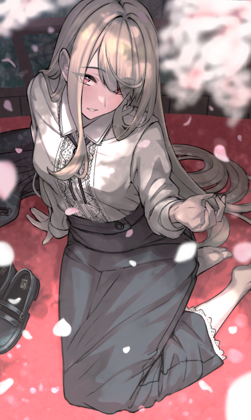 1girl barefoot black_footwear black_skirt blurry blurry_foreground breasts cherry_blossoms day grey_hair hair_over_one_eye highres long_hair long_sleeves looking_at_viewer mi2mi2_minmi original outdoors petals shirt shoes shoes_removed sitting skirt solo white_shirt