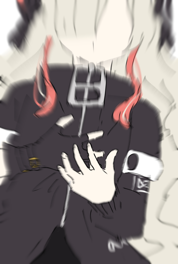 1girl black_gloves black_jacket blurry clutching_chest faceless faceless_female fingerless_gloves gloves grey_hair hair_over_one_eye heart_attack isekai_joucho jacket kamitsubaki_studio long_sleeves own_hands_together puffy_long_sleeves puffy_sleeves redhead rice_(okome_no_naru_ki) simple_background single_glove solo virtual_youtuber white_background