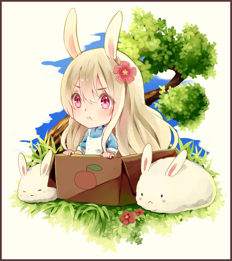 1girl :&lt; :t animal_ears apron blonde_hair blue_dress blue_sky blush_stickers border box brown_border cardboard_box chibi closed_eyes closed_mouth clover commentary day double-parted_bangs dress flower foliage frown grass hair_between_eyes in_box in_container jiman kagerou_project kozakura_marry light_blush looking_ahead mekakucity_actors nature outdoors pink_eyes pink_flower rabbit rabbit_ears simple_background sky sleeve_cuffs sleeves_past_elbows solo tree upper_body white_apron white_background white_hair white_rabbit_(animal)