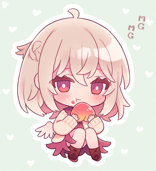 1girl ahoge blush boots braid brown_footwear closed_mouth dress eating feathered_wings food food_on_face fruit green_background grey_hair hair_between_eyes heart heart_background holding holding_food holding_fruit jacket kishin_sagume long_sleeves mg_mg open_clothes open_jacket outline peach purple_dress red_eyes short_hair single_wing solo touhou touya_(konpekitou) white_jacket white_outline white_wings wings
