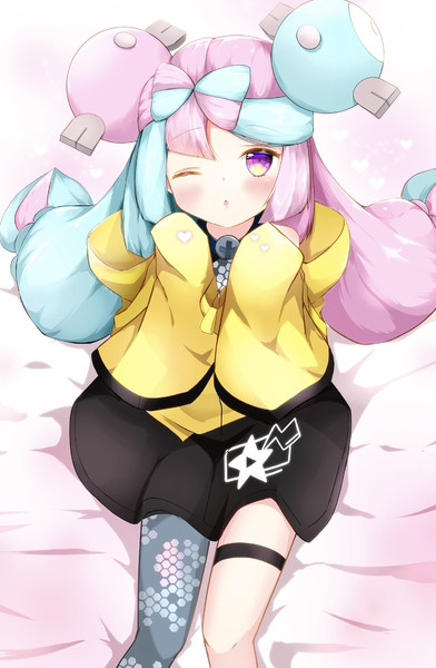 1girl bed_sheet blush character_hair_ornament commentary_request green_hair grey_pantyhose grey_shirt hair_ornament hands_up iono_(pokemon) jacket knees long_hair looking_at_viewer multicolored_hair one_eye_closed pantyhose pink_hair pokemon pokemon_(game) pokemon_sv puckered_lips shirt single_leg_pantyhose sitting sleeves_past_fingers sleeves_past_wrists solo star_(symbol) star_print thigh_strap twintails two-tone_hair vanilladaze violet_eyes yellow_jacket