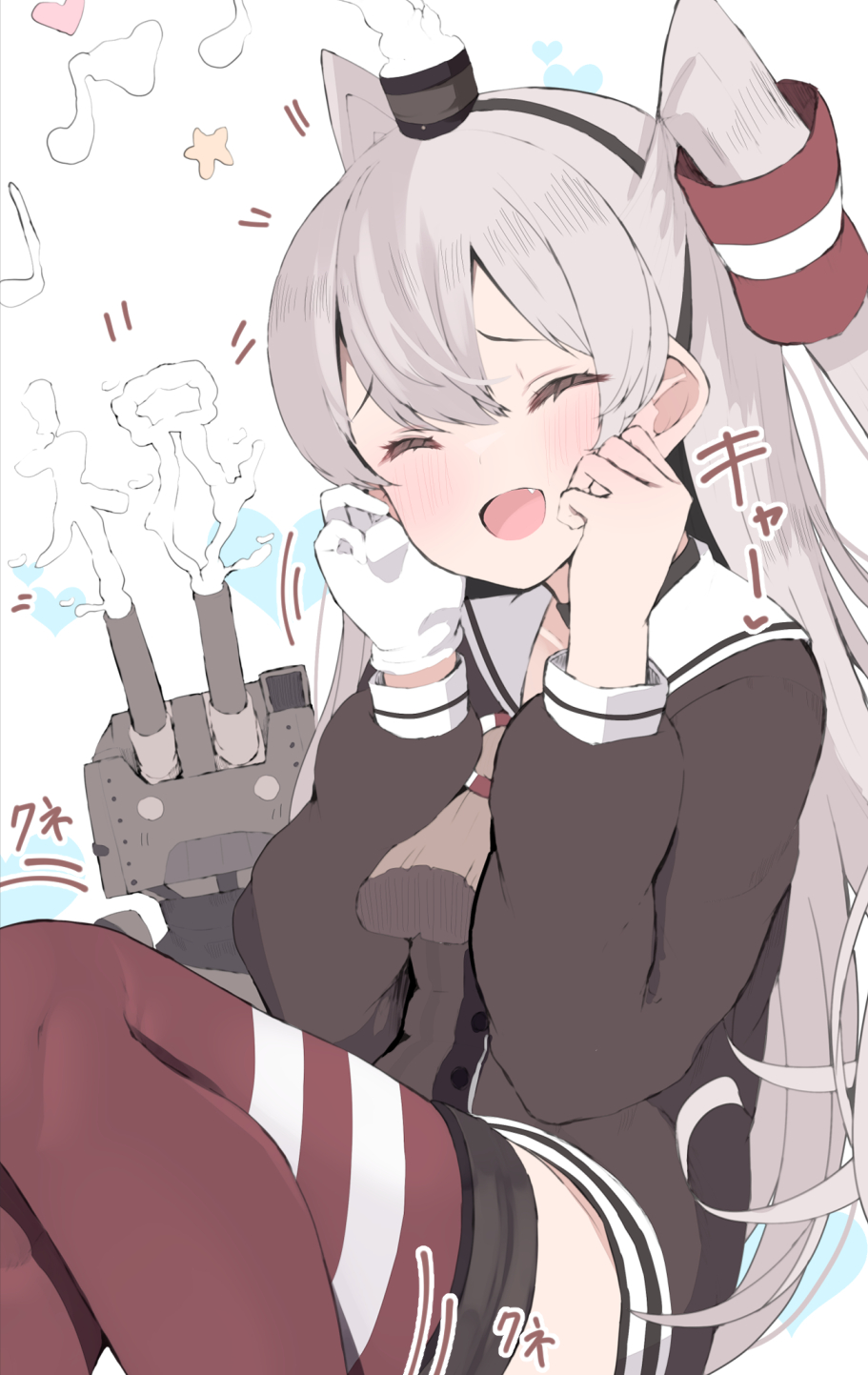 1girl amatsukaze_(kancolle) atsutoku black_dress blush closed_eyes dress eighth_note fang gloves grey_hair hair_between_eyes hair_tubes highres kantai_collection long_hair long_sleeves motion_lines musical_note open_mouth quarter_note red_thighhighs rensouhou-kun sailor_collar sailor_dress single_glove smile star_(symbol) thigh-highs two_side_up white_gloves white_sailor_collar