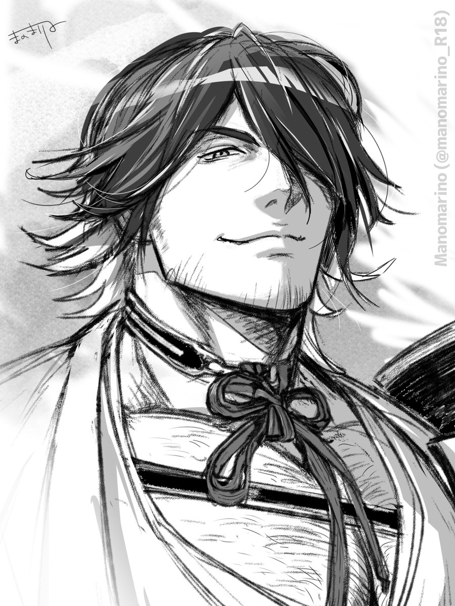 1boy armor artist_name chest_hair closed_mouth collarbone facial_hair greyscale hair_over_one_eye highres igote japanese_armor looking_at_viewer manomarino monochrome multicolored_hair nagasone_kotetsu signature simple_background smile touken_ranbu twitter_username upper_body white_background