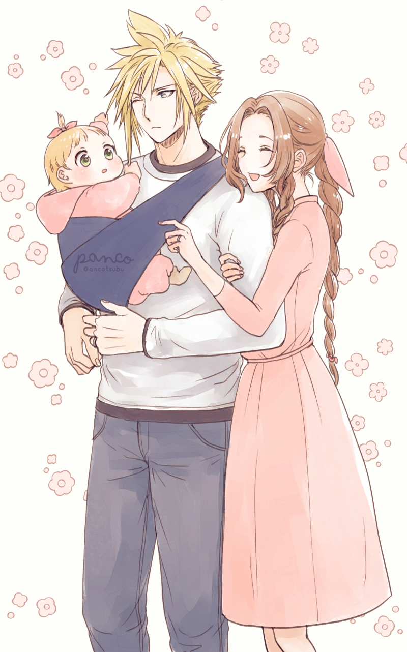 1boy 2girls aerith_gainsborough alternate_costume ancotsubu artist_name baby blonde_hair blue_pants blush braid braided_ponytail brown_hair casual closed_eyes cloud_strife dress family feet_out_of_frame final_fantasy final_fantasy_vii final_fantasy_vii_remake floral_background green_eyes hair_between_eyes hair_ribbon highres holding_another's_arm holding_baby hood hood_down hoodie if_they_mated jewelry long_dress long_sleeves multiple_girls one_eye_closed open_mouth pants parent_and_child parted_bangs pink_dress pink_hoodie pink_ribbon ribbon ring shirt shirt_under_shirt short_hair sidelocks single_braid smile spiky_hair standing twitter_username very_short_hair wavy_hair white_shirt