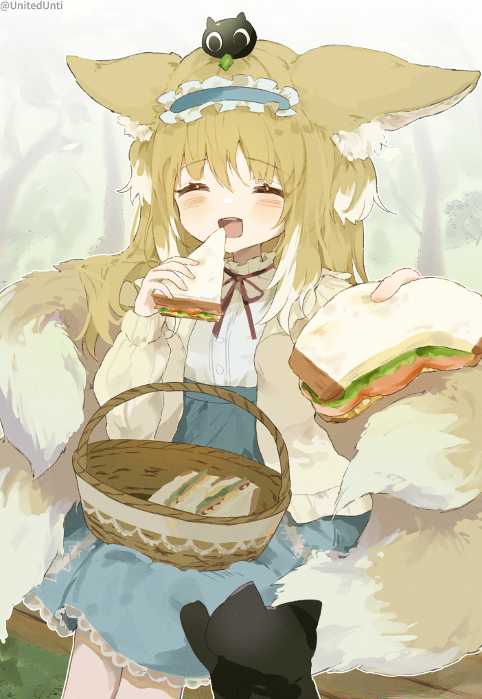 1girl animal_ears arknights artist_name basket black_cat blonde_hair blue_hairband blue_skirt blush cardigan cat closed_eyes commentary_request facing_viewer food fox_ears fox_girl fox_tail frilled_hairband frills hair_ornament hair_scrunchie hairband heixiu holding holding_food kitsune kyuubi long_hair long_sleeves luoxiaohei multicolored_hair multiple_tails neck_ribbon official_alternate_costume on_head open_cardigan open_clothes open_mouth outdoors partial_commentary picnic puffy_long_sleeves puffy_sleeves red_ribbon ribbon sandwich scrunchie shirt skirt sleeve_cuffs solo stitches suzuran_(arknights) suzuran_(spring_praise)_(arknights) tail teeth the_legend_of_luo_xiaohei twitter_username two-tone_hair unitedunti upper_teeth_only white_hair white_shirt yellow_cardigan