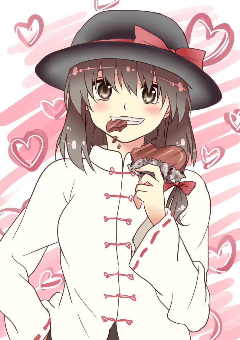 1girl asymmetrical_hair bow brown_hair candy chinese_clothes chocolate fedora food hand_in_pocket hat hat_bow heart heart-shaped_chocolate looking_at_viewer myouga_teien one-hour_drawing_challenge retrospective_53_minutes smile touhou upper_body usami_renko valentine wide_sleeves
