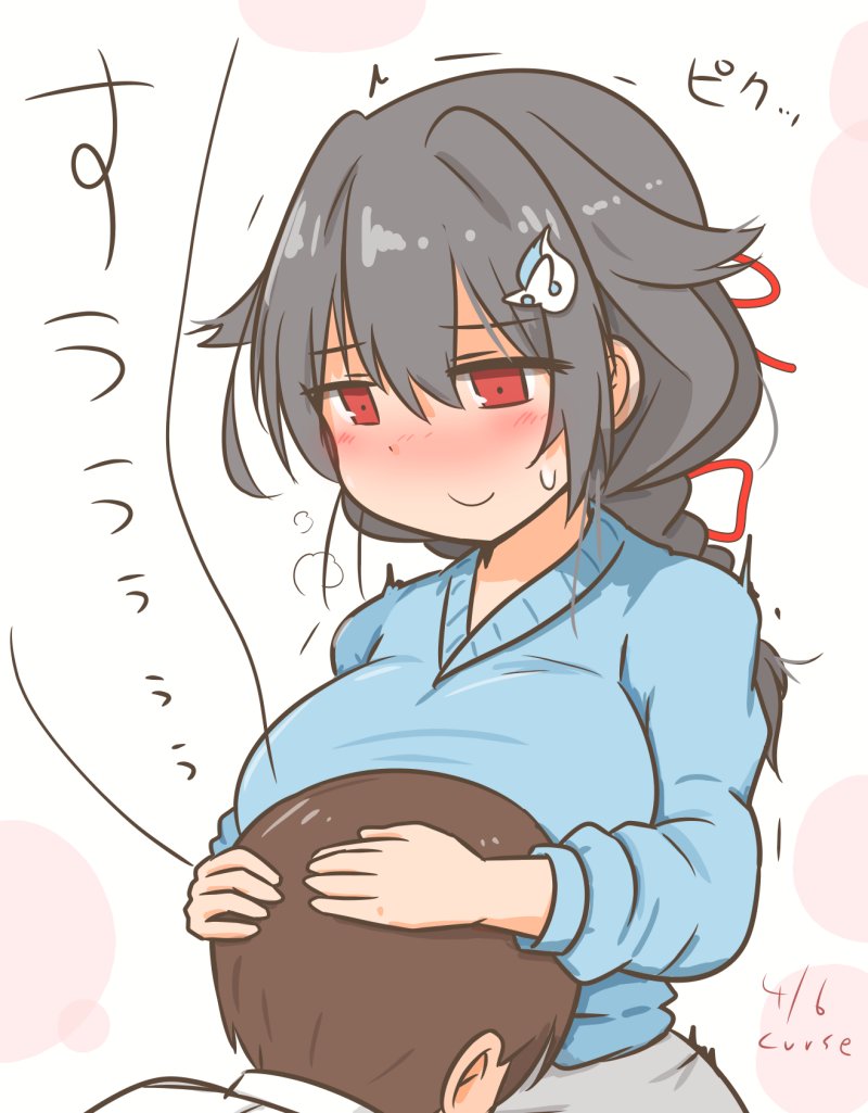 1boy 1girl black_hair blue_sweater braid breast_smother breasts commentary_request curse_(023) face_to_breasts hair_flaps hair_ornament hairclip jingei_(kancolle) kantai_collection large_breasts long_hair low_ponytail official_alternate_costume red_eyes single_braid sweater upper_body white_background