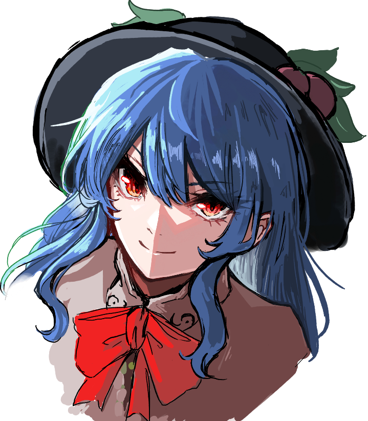 black_headwear blue_hair bow bowtie closed_mouth commentary_request food fruit hinanawi_tenshi leaf long_hair looking_at_viewer peach portrait red_bow red_bowtie red_eyes simple_background smile takana_(forsterite) touhou white_background