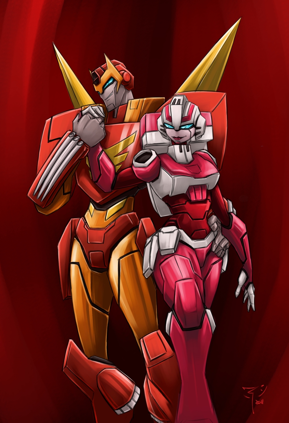 1boy 1girl arcee autobot blue_eyes boots breasts crimson-nemesis highres holding_another's_wrist holding_hands humanoid_robot medium_breasts panties pink_lips pink_panties red_background robot rodimus rodimus_prime thick_thighs thighs transformers transformers_animated underwear wings