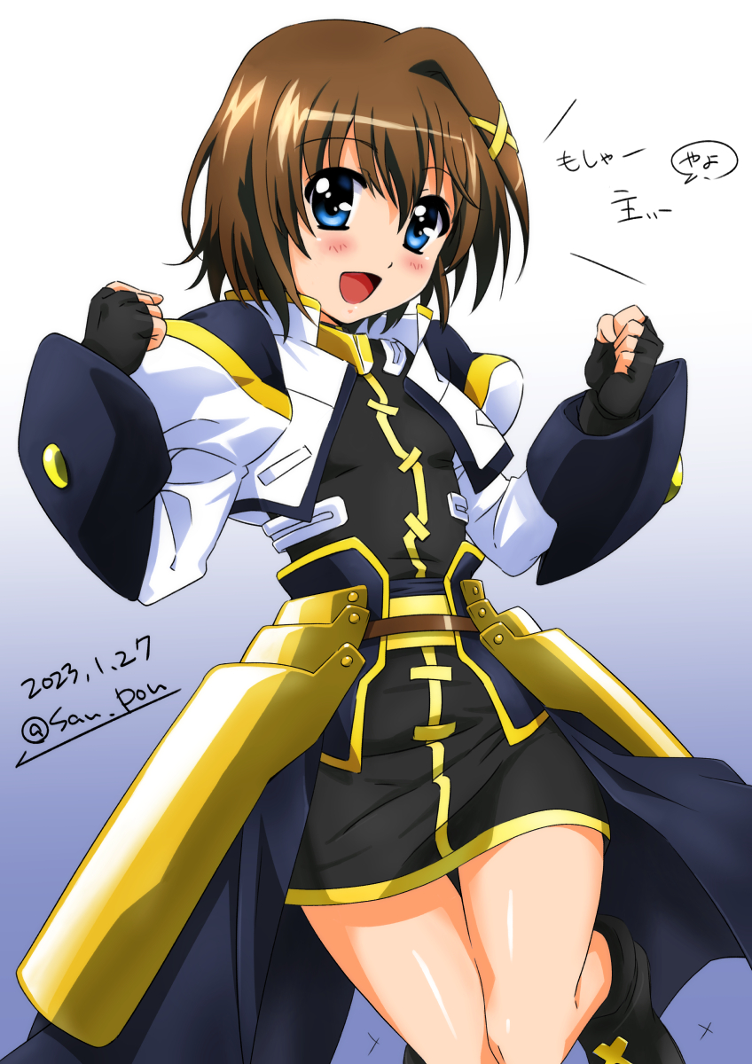 1girl black_gloves blue_eyes blush breasts brown_hair dated dress fingerless_gloves gloves hair_ornament highres looking_at_viewer lyrical_nanoha magical_girl mahou_shoujo_lyrical_nanoha mahou_shoujo_lyrical_nanoha_a's open_mouth san-pon short_dress short_hair signature small_breasts smile solo x_hair_ornament yagami_hayate