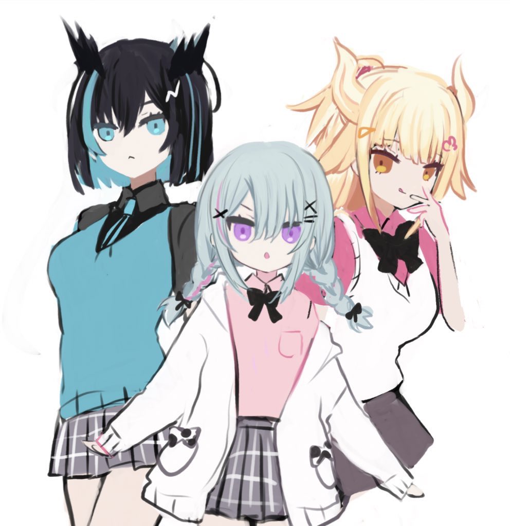 3girls :o :q black_bow black_hair blonde_hair blue_eyes blue_hair blue_necktie bow braid breasts brown_eyes character_request closed_mouth collared_shirt grey_skirt hair_between_eyes horns indie_virtual_youtuber licking_lips long_sleeves low_twintails medium_breasts multicolored_hair multiple_girls necktie olda_(vtuber) parted_lips pink_hair pink_shirt pleated_skirt school_uniform shiodome_oji shirt short_sleeves simple_background skirt sleeves_past_wrists smile streaked_hair sweater_vest tongue tongue_out twin_braids twintails violet_eyes virtual_youtuber white_background