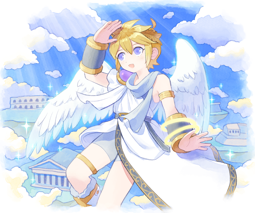 1boy alternate_color angel angel_wings armband armlet blonde_hair blue_sky clouds feathered_wings hand_up kid_icarus kid_icarus_uprising laurel_crown looking_up male_focus nopepe open_mouth pit_(kid_icarus) sky smile solo sparkle super_smash_bros. temple wings