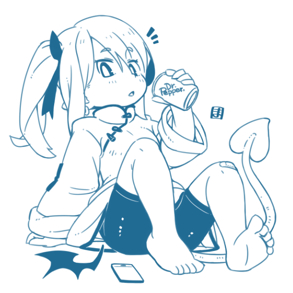 1girl barefoot can cellphone demon_girl demon_tail holding holding_can long_hair long_sleeves looking_at_viewer mawaru_(mawaru) monochrome nameless_(mawaru) open_mouth original phone pointy_ears shorts side_ponytail simple_background sitting soda_can soles solo tail toes triangle_mouth white_background