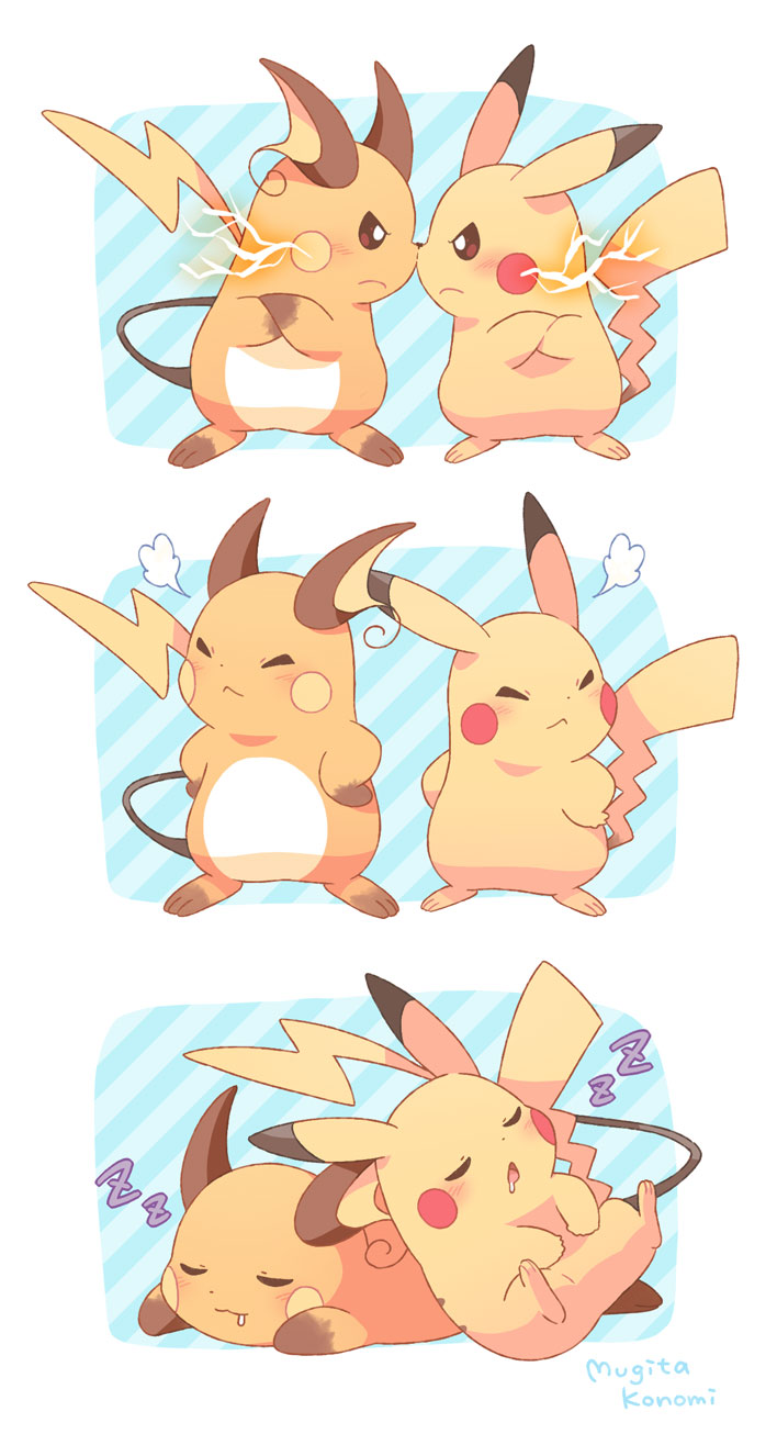 :&lt; blush bright_pupils brown_eyes closed_eyes closed_mouth commentary_request drooling electricity frown highres mugita_konomi no_humans pikachu pokemon pokemon_(creature) raichu saliva signature sleeping standing white_pupils zzz