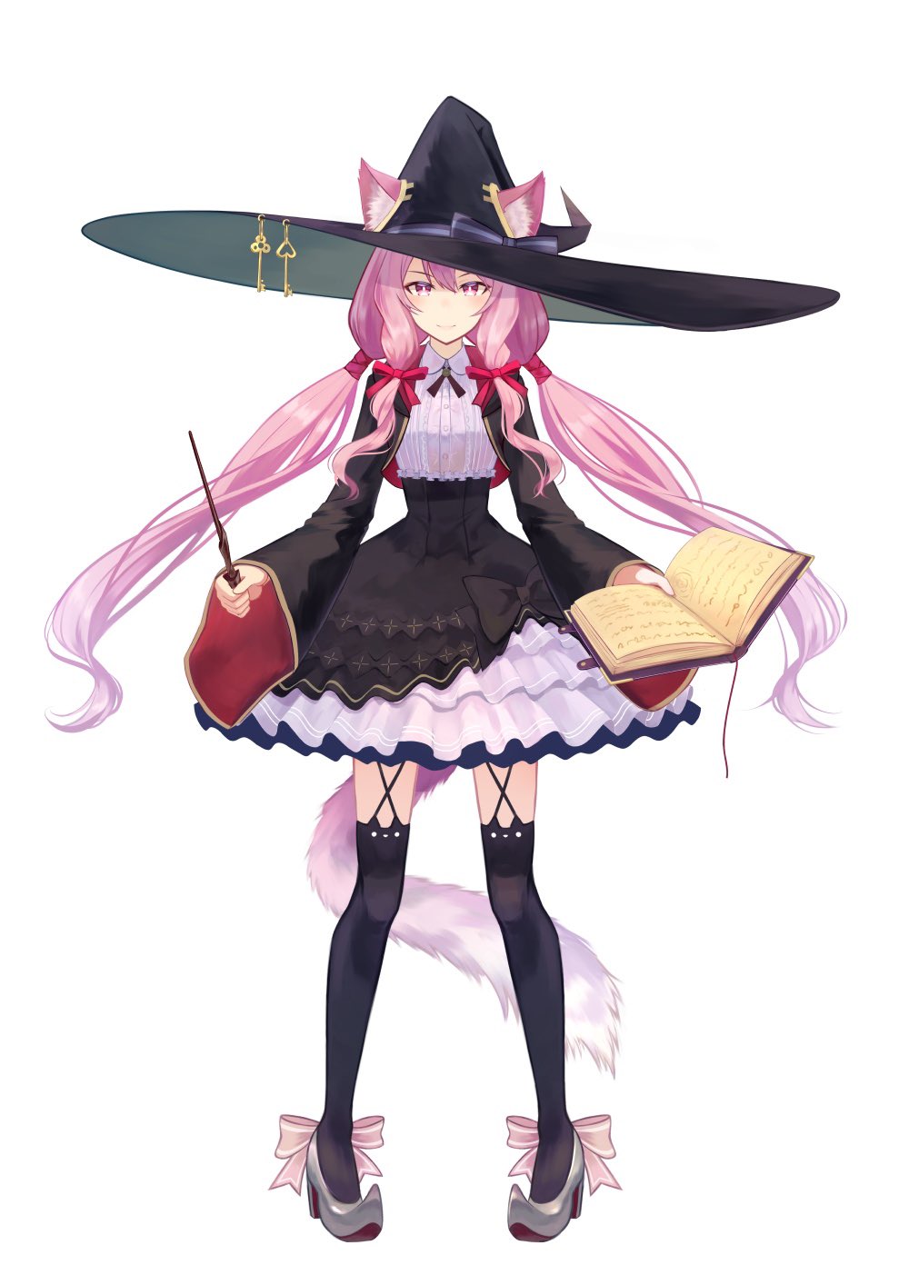 1girl animal_ear_fluff animal_ears black_dress black_headwear black_thighhighs book brat_(brabrabrat00) cat_ears cat_girl cat_tail dress ears_through_headwear full_body hair_ribbon hat highres holding holding_book holding_wand indie_virtual_youtuber key long_sleeves looking_at_viewer meika_ruka official_art open_book pink_eyes pink_hair red_ribbon ribbon standing striped striped_ribbon tail thigh-highs twintails virtual_youtuber wand wide_sleeves witch_hat