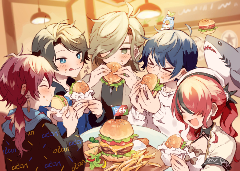 &gt;_&lt; 1girl 4boys :q ahoge axia_krone beret black_hair black_hoodie black_jacket black_shirt blue_eyes blue_hair blue_shirt blush brown_hair brown_jacket burger cheese closed_eyes commentary dress earrings eating eden-gumi english_text food food_on_face food_wrapper french_fries glasses green_eyes hair_over_one_eye happy hat hayashidadesu holding holding_food hood hoodie indoors jacket jewelry lain_paterson lauren_iroas leos_vincent lettuce light_brown_hair mameneko_(leos_vincent) mini_flag multicolored_hair multiple_boys nijisanji oliver_evans open_clothes open_jacket open_mouth ponytail redhead restaurant shark shirt signature streaked_hair stuffed_animal stuffed_shark stuffed_toy sweater swept_bangs table tomato tongue tongue_out virtual_youtuber white_dress white_headwear white_sweater