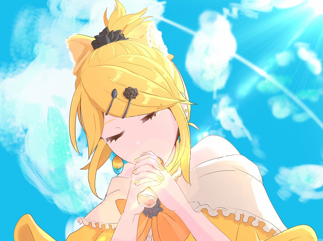 1girl akame_(akame0516) aku_no_musume_(vocaloid) anniversary bare_shoulders blonde_hair blue_sky bottle bow closed_eyes clouds diffraction_spikes dress dress_bow evillious_nendaiki from_below hair_bow hair_ornament hairclip high_ponytail holding holding_bottle interlocked_fingers kagamine_rin lens_flare message_in_a_bottle non-circular_lens_flare off-shoulder_dress off_shoulder orange_bow own_hands_clasped own_hands_together regret_message_(vocaloid) riliane_lucifen_d'autriche sidelocks sky solo swept_bangs updo vocaloid yellow_bow yellow_dress yellow_nails