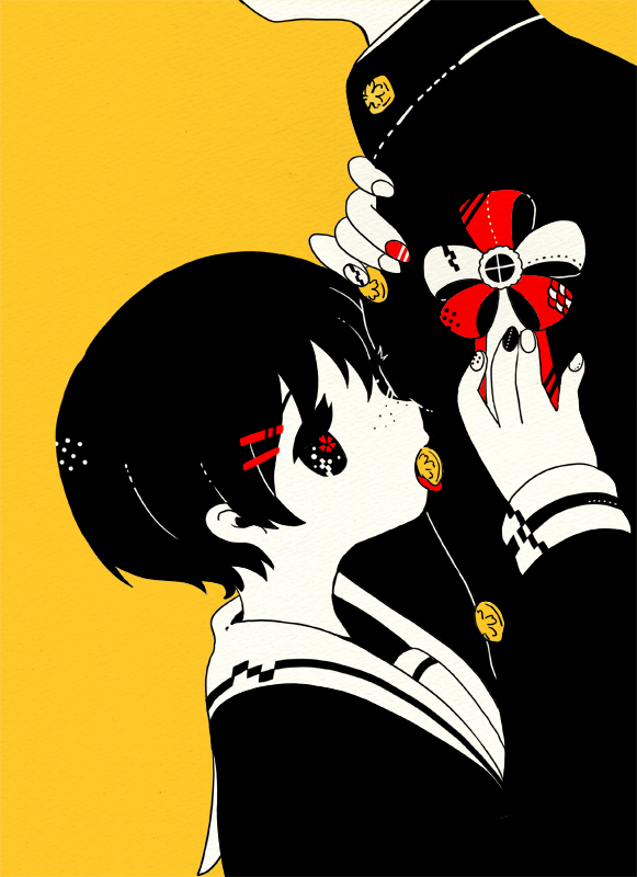 1boy 1girl arm_up award_ribbon blending buttons chisuke commentary flower flower_in_eye freckles from_side gakuran graduation hair_ornament hairclip hand_up hands_on_another's_chest head_out_of_frame licking limited_palette long_sleeves looking_at_another mouth_hold multicolored_nails original red_flower school_uniform second_button serafuku short_hair simple_background symbol_in_eye upper_body