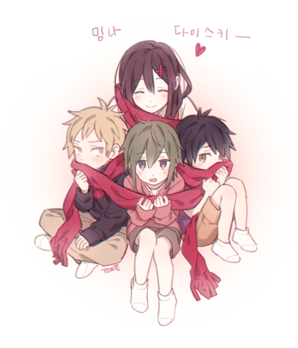 2boys 2girls ^_^ aged_down black_hair black_hoodie blonde_hair blush brown_pants brown_sweater closed_eyes covered_mouth enpera facing_viewer fringe_trim full_body green_eyes green_hair grey_shorts hair_between_eyes hair_ornament hairclip heart hood hood_down hoodie kagerou_project kano_shuuya kido_tsubomi korean_text leaning_on_person long_sleeves looking_at_viewer looking_away looking_to_the_side mekakucity_actors multiple_boys multiple_girls open_mouth pants purple_shirt red_scarf scarf seto_kousuke shared_clothes shared_scarf shirt short_hair short_sleeves shorts sitting smile socks sweater tateyama_ayano third-party_source ton_e2 translation_request upper_body white_background white_shirt white_socks x_hair_ornament yellow_eyes yellow_shorts