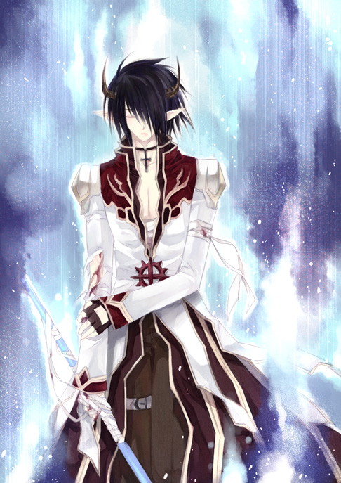 1boy aura bandages black_hair blood brown_coat brown_gloves brown_horns brown_pants closed_eyes closed_mouth coat commentary_request cross cross_necklace expressionless feet_out_of_frame fingerless_gloves gloves hair_between_eyes hair_over_one_eye hand_on_own_elbow high_priest_(ragnarok_online) holding holding_staff horns jewelry layered_clothes long_bangs long_sleeves male_focus necklace pants pointy_ears ragnarok_online red_coat short_hair solo staff takamura_ryou torn_clothes torn_coat two-tone_coat white_coat