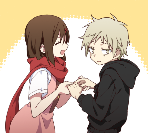1boy 1girl aged_down bad_id bad_pixiv_id black_hoodie brown_eyes brown_hair closed_mouth commentary dress enpera facing_another facing_to_the_side fingernails from_side hair_between_eyes hair_ornament holding_hands hood hood_down hoodie kagerou_project kangmoro kano_shuuya light_brown_hair looking_away mekakucity_actors open_mouth parted_lips pink_dress raglan_sleeves red_scarf scarf shirt short_hair short_sleeves smile tateyama_ayano tsurime two-tone_background upper_body white_background white_shirt x_hair_ornament yellow_background