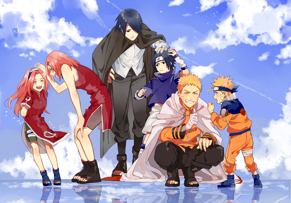 2girls 4boys bike_shorts black_eyes black_hair blonde_hair blue_eyes boruto:_naruto_next_generations closed_eyes facial_mark forehead_protector green_eyes haruno_sakura kkkkt konohagakure_symbol long_hair multiple_boys multiple_girls naruto naruto_(series) naruto_shippuuden open_mouth pink_hair shirt short_hair smile spiky_hair team7 time_paradox toeless_footwear uchiha_sasuke uzumaki_naruto whisker_markings