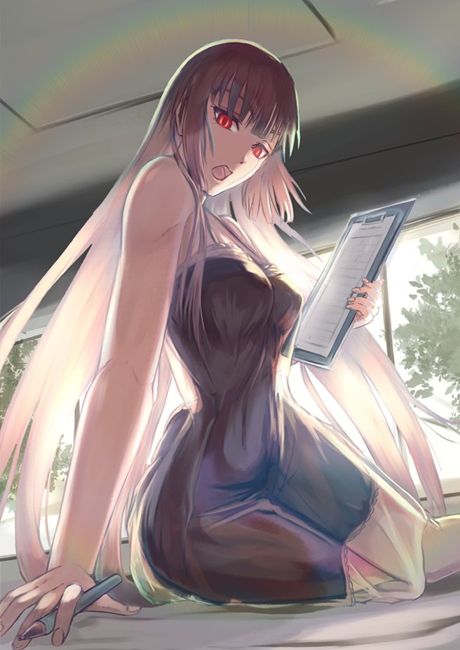 bare_arms bare_shoulders black_nightgown breasts clipboard commentary_request dress fate/grand_order fate_(series) florence_nightingale_(fate) holding holding_pen inugami86 long_hair nightgown pen pink_hair rainbow red_eyes sitting tight tight_dress