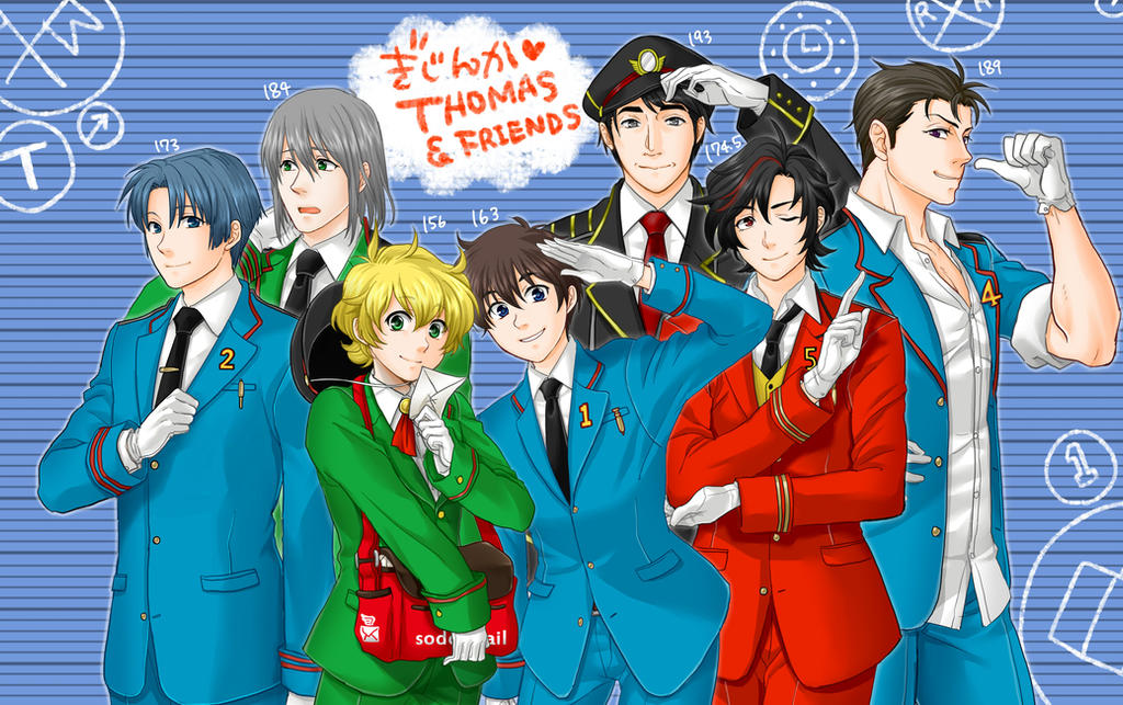 6+boys black_hair black_necktie blonde_hair blue_eyes blue_hair edward_the_blue_engine gloves gordon_the_big_engine green_eyes grey_eyes grey_hair hair_between_eyes henry_the_green_engine hiro_the_japanese_engine humanization index_finger_raised james_the_red_engine long_sleeves mail makina0127 male_focus multicolored_hair multiple_boys necktie one_eye_closed percy_the_small_engine red_eyes redhead salute sleeves_rolled_up smile streaked_hair thomas_the_tank_engine thomas_the_tank_engine_(character) uniform white_gloves
