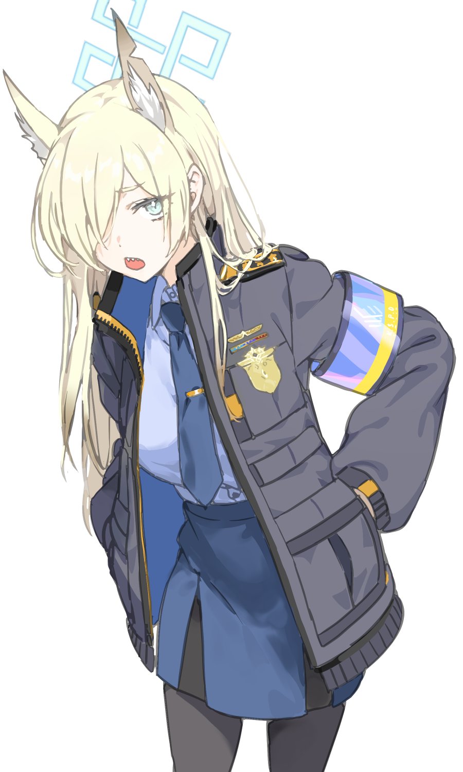 animal_ear_fluff armband blue_archive blue_armband blue_necktie blue_shirt extra_ears haimura_kiyotaka hair_over_one_eye halo highres interrogation kanna_(blue_archive) necktie notched_ear police police_badge police_uniform policewoman sharp_teeth shirt teeth tie_clip uniform