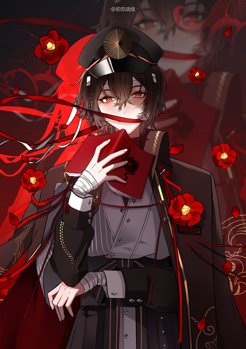 1girl bandaged_arm bandaged_hand bandages black_cape black_jacket book brown_hair bungou_stray_dogs cape covered_mouth dazai_osamu_(bungou_stray_dogs) flower genderswap genderswap_(mtf) hat holding holding_book jacket long_sleeves looking_at_viewer mizumoe open_book peaked_cap red_eyes red_flower short_hair solo