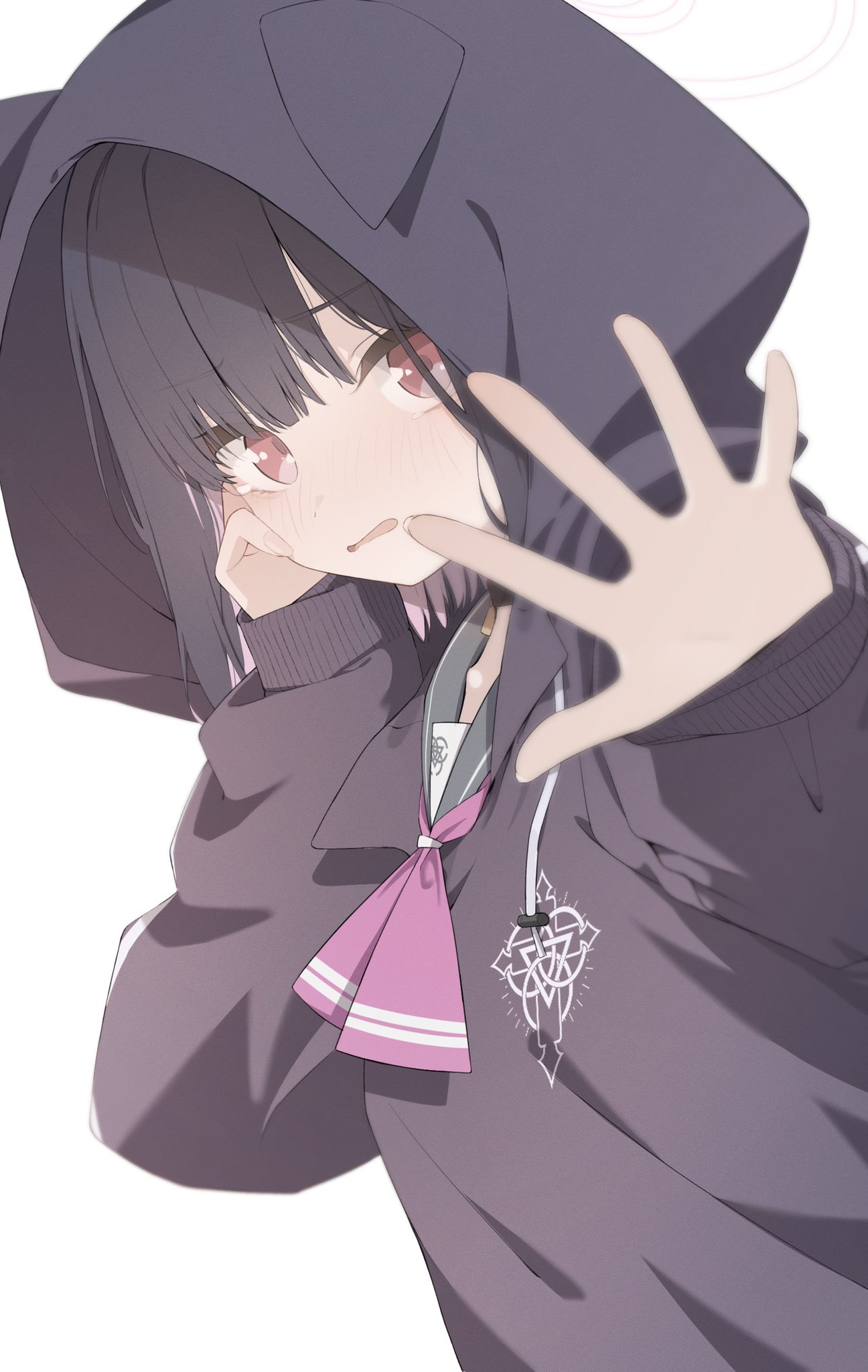 1girl animal_ears animal_hood black_hair black_hoodie blue_archive drawstring fake_animal_ears from_side grey_sailor_collar halo highres hood hood_up hoodie kazusa_(blue_archive) long_sleeves looking_at_viewer looking_to_the_side parted_lips puffy_long_sleeves puffy_sleeves red_eyes sailor_collar shiwa_(siwaa0419) simple_background sleeves_past_wrists solo upper_body wavy_mouth white_background