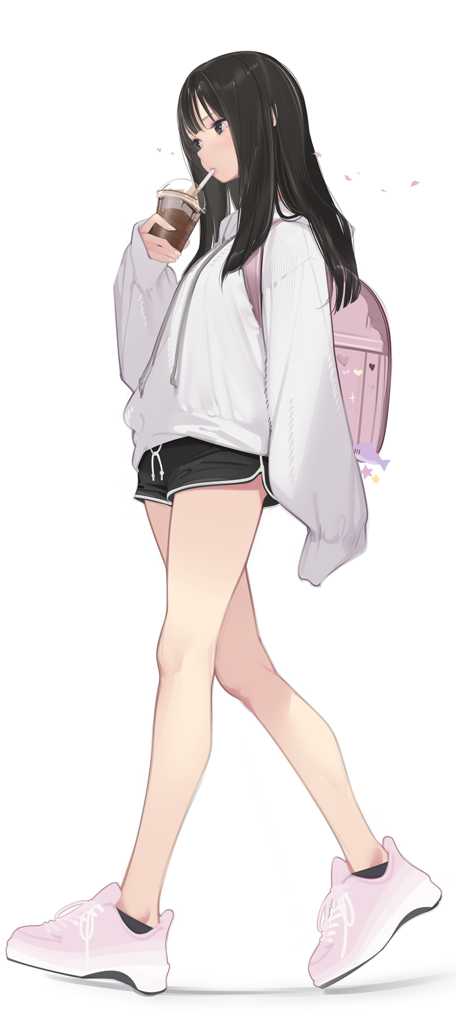 1girl ama_mitsuki backpack bag bare_legs black_eyes black_hair bubble_tea commentary_request cup disposable_cup drinking drinking_straw full_body highres jacket medium_hair original pink_footwear randoseru shoes short_shorts shorts simple_background sneakers solo walking white_background white_jacket