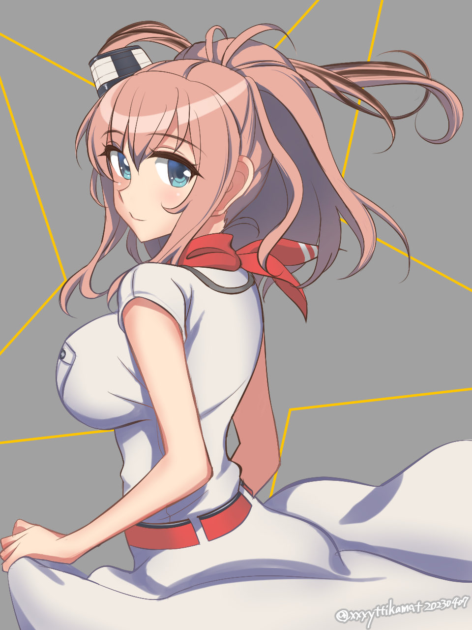 1girl belt blue_eyes breast_pocket breasts brown_hair dress grey_background hair_between_eyes highres kantai_collection large_breasts long_hair looking_at_viewer neckerchief one-hour_drawing_challenge pocket ponytail red_belt red_neckerchief saratoga_(kancolle) side_ponytail sidelocks smile solo starry_background tamakichi_(tamakitty) white_dress