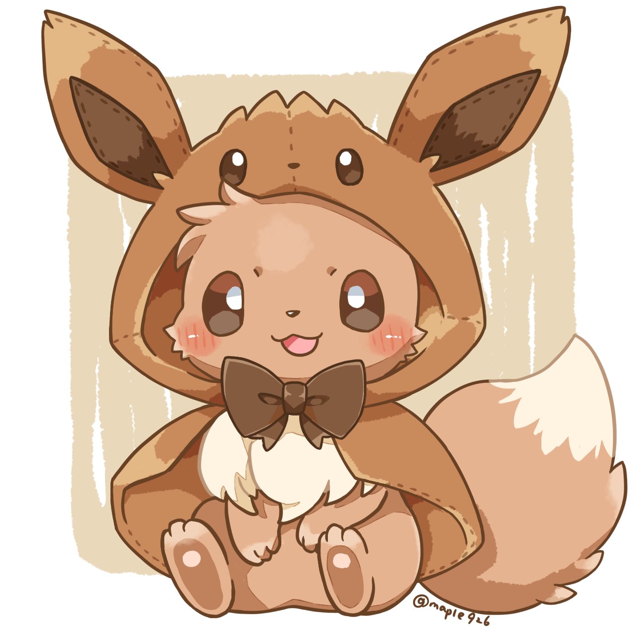 :3 artist_name blush_stickers bow brown_bow brown_eyes capelet closed_eyes clothed_pokemon eevee full_body hand_on_own_stomach highres hood hooded_capelet kana_(maple926) open_mouth pokemon pokemon_(creature) sitting smile solo twitter_username