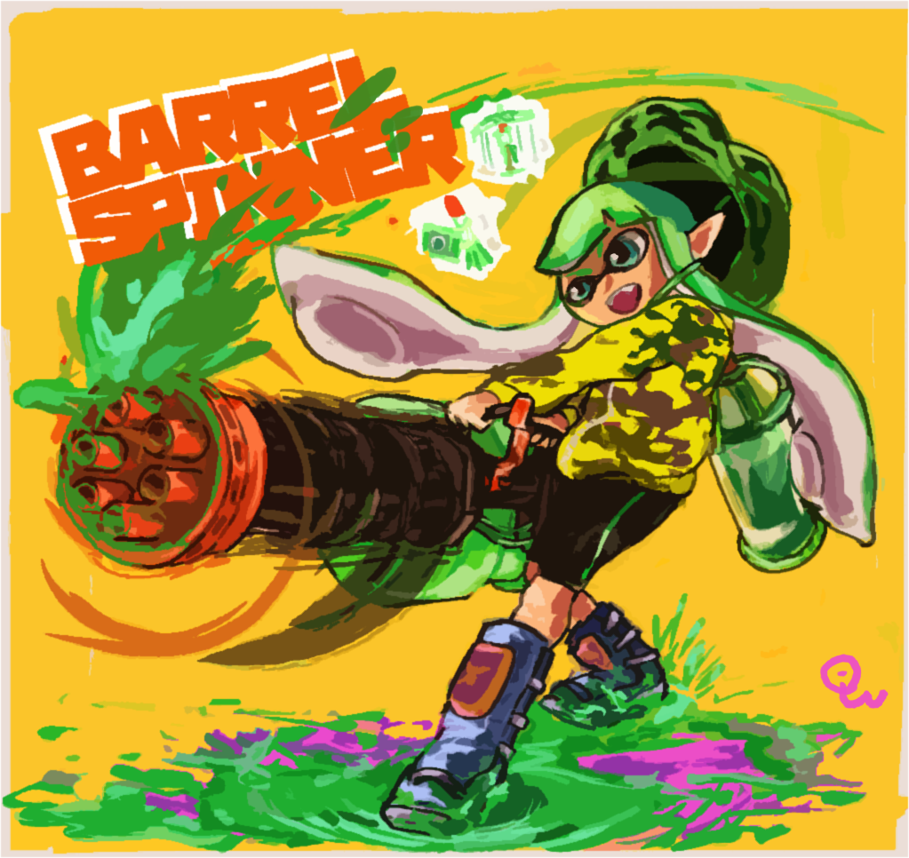 :d blue_footwear english_text green_eyes green_hair heavy_splatling_(splatoon) ikumi_(iq3) ink ink_tank_(splatoon) inkling inkling_girl smile splatoon_(series) splatoon_1 suction_cups sweater tentacle_hair yellow_background