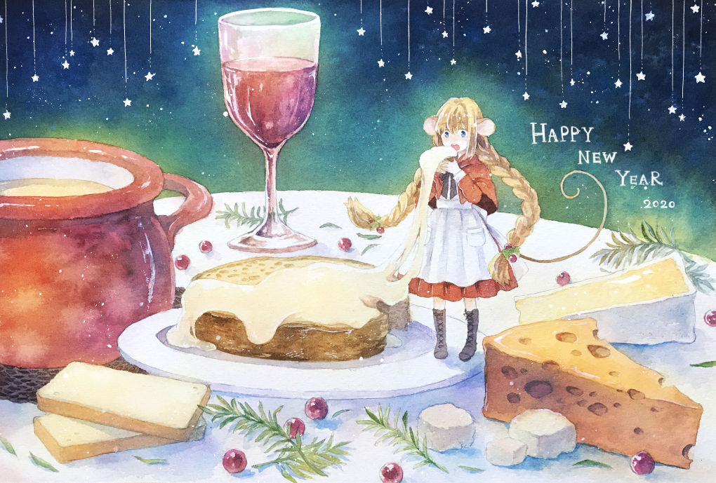 1girl animal_ears blonde_hair blue_eyes boots braid bread cake cheese cup dated dress drink eating food garnish happy_new_year mouse_ears mouse_girl mouse_tail nengajou new_year on_table original plate red_dress skirt sora_ivy standing table tail twin_braids
