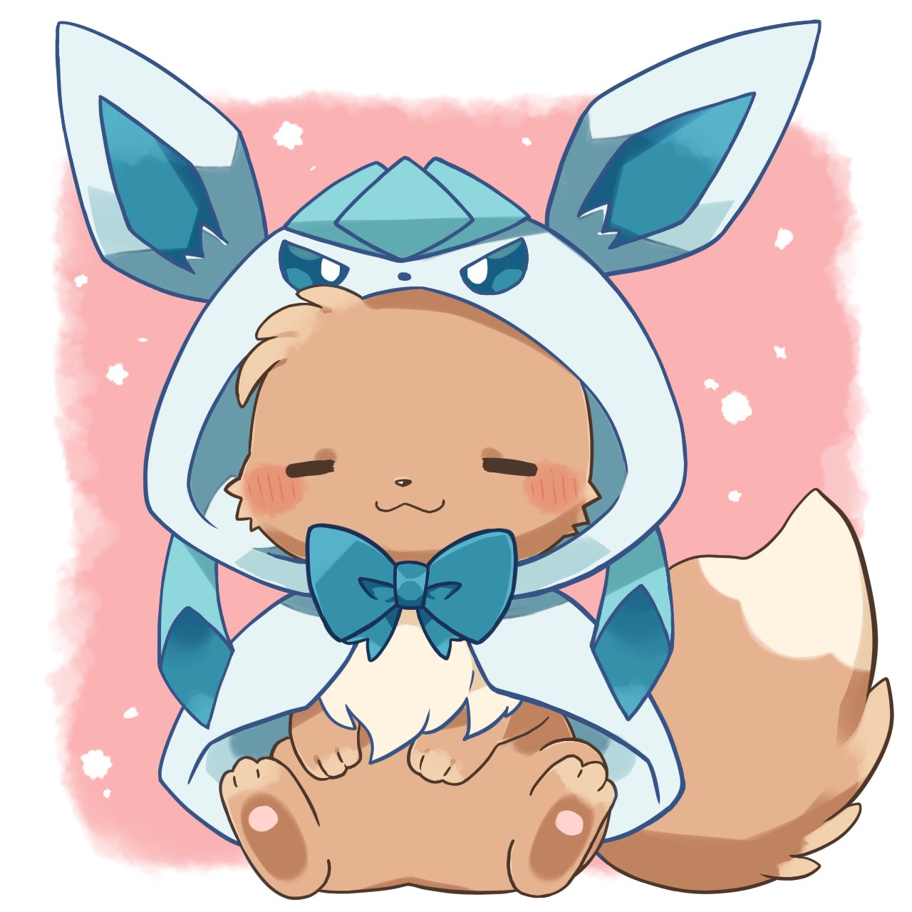 :3 =_= blue_bow blush_stickers bow capelet closed_eyes clothed_pokemon cosplay eevee full_body glaceon glaceon_(cosplay) hand_on_own_stomach highres hood hooded_capelet kana_(maple926) open_mouth pokemon pokemon_(creature) sitting smile solo