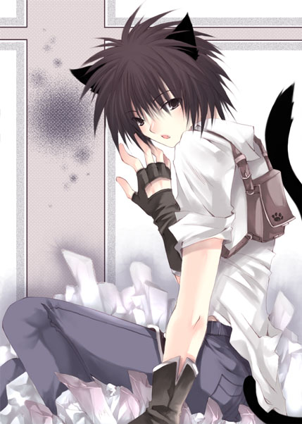 1boy animal_ears blacksmith_(ragnarok_online) blush brown_eyes brown_gloves brown_hair cat_boy cat_ears cat_tail commentary_request feet_out_of_frame fingerless_gloves gloves grey_pants hair_between_eyes long_bangs looking_at_viewer male_focus open_mouth pants ragnarok_online shirt short_hair short_sleeves solo spiky_hair tail takamura_ryou white_shirt